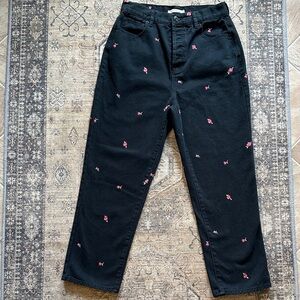 Black PacSun Denim with Pink Rose Embroidery